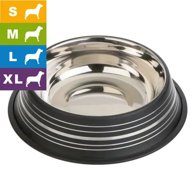 Ruostumattomasta teräksestä valmistettu koiran ruokakuppi, musta reunus. Vasemmalla kokovaihtoehdot: S, M, L, XL värillisillä taustoilla ja koirasilueteilla.