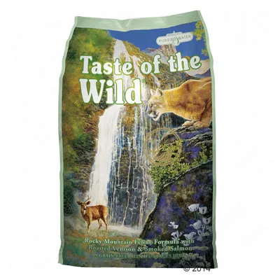 Taste of the Wild Rocky Mountain Feline Formula with Roasted Venison & Smoked Salmon. PURIFIED WATER. Kornfri kattefoder, billede af puma og hjort foran vandfald på posen.