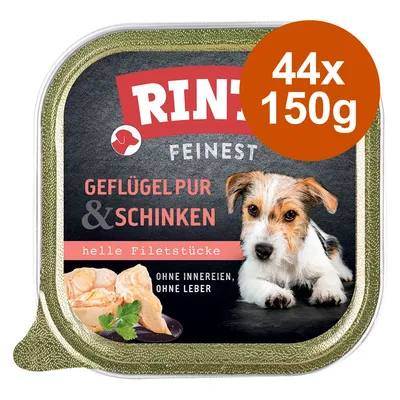 Rinti Feinest Geflügel pur & Schinken, helle Filetstücke, ohne Innereien, ohne Leber. Packungsgrösse: 44x150g. Rinti Feinest Geflügel pur & Schinken, helle Filetstücke, ohne Innereien, ohne Leber. Packungsgrösse: 44x150g.