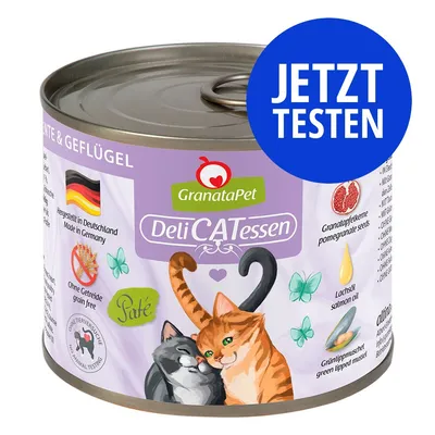 GranataPet DeliCATessen Paté Ente & Geflügel. Hergestellt in Deutschland, ohne Getreide, ohne Tierversuche, mit Granatapfelkernen, Lachsöl und Grünlippmuschel. JETZT TESTEN.