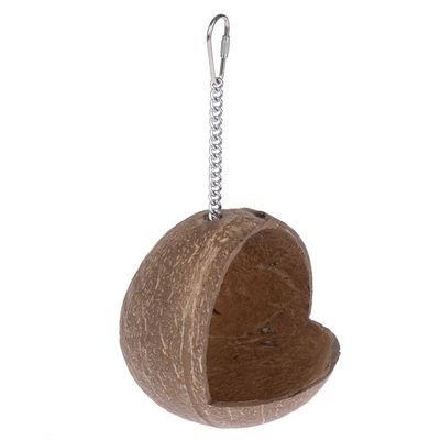 Mezza noce di cocco con catena metallica e moschettone per appenderla, adatta come decorazione o accessorio per animali.