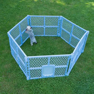 Hexagonal blue plastic playpen with mesh walls and small door, on a lawn. A dog stands inside by the wall.
