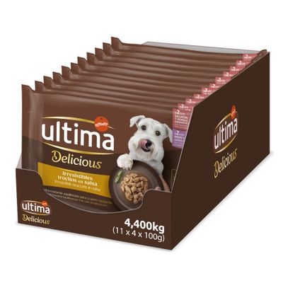 Ultima Delicious Adult Mini tiras en salsa 44 x 100 g Salmón y pavo