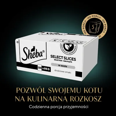 Sheba Select Slices, 120 x 85g, smak drobiowy, w sosie. Składniki wysokiej jakości. 120 porcji.