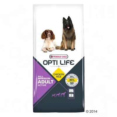 Versele-Laga Opti Life Adult Active, All Breeds, met kip en rijst. 85% dierlijk eiwit, glutenvrij. Voor actieve honden. Verpakking toont twee honden.