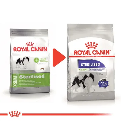 Две опаковки Royal Canin X-Small Sterilised за кастрирани кучета, показващи промяна в дизайна. Видим текст: 'Maintains Ideal Weight', '-11% calories'.