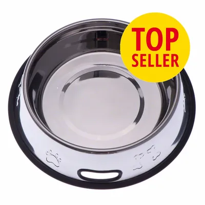 Ruostumattomasta teräksestä valmistettu lemmikin ruokakuppi, reunassa tassun ja luun kuviot. Keltainen merkki: TOP SELLER. Ruostumattomasta teräksestä valmistettu lemmikin ruokakuppi, reunassa tassun ja luun kuviot. Keltainen merkki: TOP SELLER.