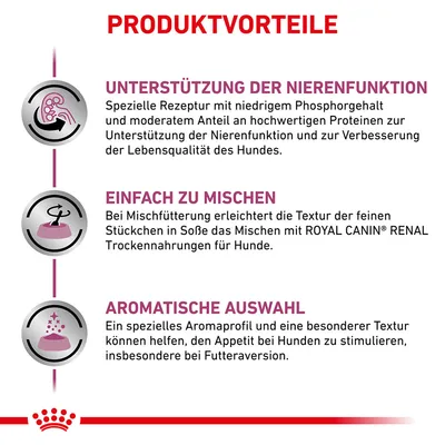 Produktfördelar: stöd för njurfunktionen, lätt att blanda med Royal Canin Renal torrfoder, aromatiskt urval för aptitstimulans vid foderaversion.