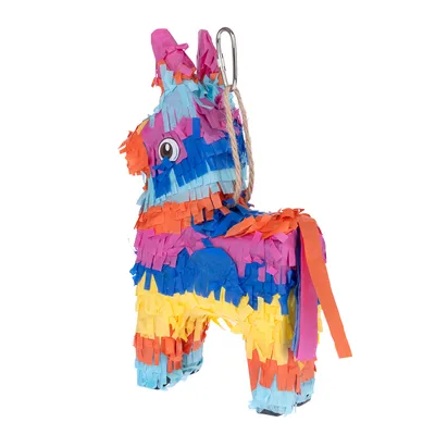 Farebná piñata v tvare somára s háčikom a lanom na zavesenie, ozdobená farebným papierom v modrej, ružovej, oranžovej a žltej farbe.
