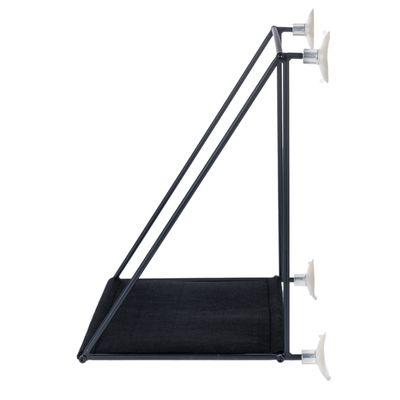 Black window perch with metal frame and suction cups for attachment, suitable for installation on smooth surfaces.