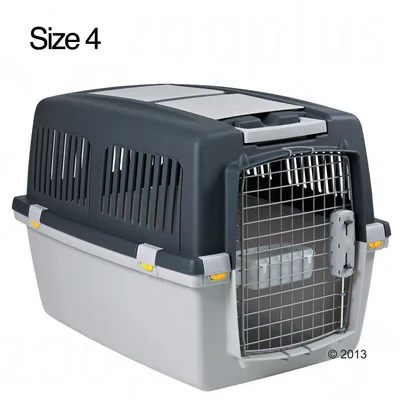 Plastic pet carrier with metal front door, ventilation slats on sides and top, grey and black colours. Visible text: Size 4.