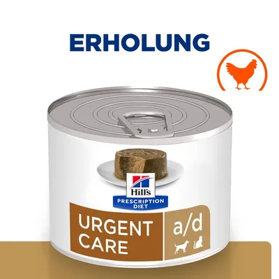 Boîte Hill's Prescription Diet URGENT CARE a/d, texte allemand 'ERHOLUNG', pictogramme poulet, silhouettes chien et chat visibles sur l'emballage.