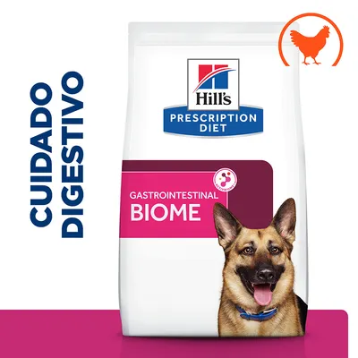 Hill's Prescription Diet Gastrointestinal Biome, cuidado digestivo, imagen de un perro pastor alemán y símbolo de pollo en la esquina superior derecha. Hill's Prescription Diet Gastrointestinal Biome, cuidado digestivo, imagen de un perro pastor alemán y símbolo de pollo en la esquina superior derecha.