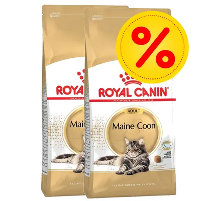 Två påsar Royal Canin Adult Maine Coon torrfoder för katt, stor gul rabatt-symbol med procenttecken synlig uppe till höger.