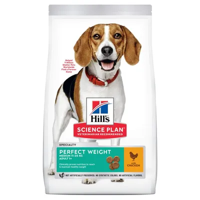 Hill's Science Plan Perfect Weight medium 11-25kg adult food with chicken, clinically proven nutrition to reach and maintain healthy weight, no synthetic colours or artificial flavours. Hill's Science Plan Perfect Weight medium 11-25kg adult food with chicken, clinically proven nutrition to reach and maintain healthy weight, no synthetic colours or artificial flavours.
