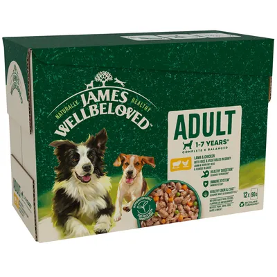 James Wellbeloved Adult 1-7 Years, lamb and chicken with rice and vegetables in gravy, hypoallergenic, healthy digestion, immune system, healthy skin and coat, 12 x 90g. James Wellbeloved Adult 1-7 Years, lamb and chicken with rice and vegetables in gravy, hypoallergenic, healthy digestion, immune system, healthy skin and coat, 12 x 90g.