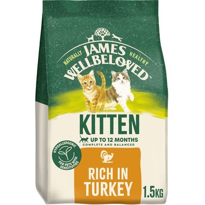 Kitten food for up to 12 months, hypoallergenic, rich in turkey, complete and balanced, 1.5kg pack, suitable for pets with sensitivities.