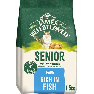 Senior cat food, suitable for cats aged 7 years and over, complete and balanced, hypoallergenic for pets with sensitivities, rich in fish, 1.5kg pack.
