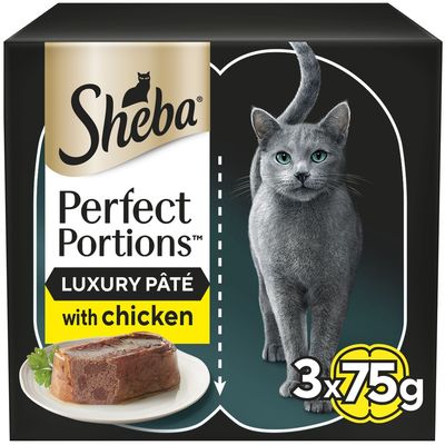 Sheba Perfect Portions luxury pâté with chicken, 3 x 75g packs shown. Image includes a portion of pâté on a plate and product details.