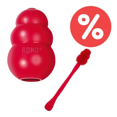 Rotes KONG-Spielzeug und roter Silikonbürstenaufsatz. Prozentzeichen in rotem Kreis für Rabattaktion sichtbar.
