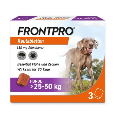 Frontpro Kautablette gegen Zecken und Flöhe, für Hunde >25 bis 50 kg - Sparpaket: 2 x 3 Tabletten Frontpro Kautablette gegen Zecken und Flöhe, für Hunde >25 bis 50 kg - Sparpaket: 2 x 3 Tabletten
