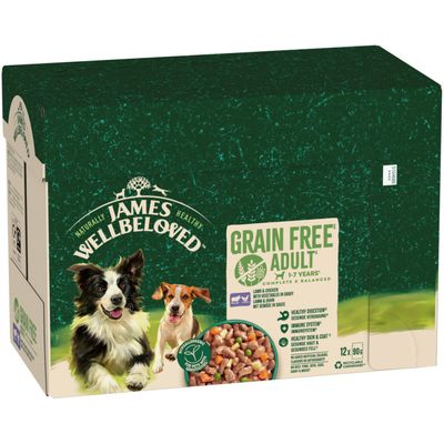 James Wellbeloved Grain Free Adult 1-7 Years, Lamb & Chicken with Vegetables in Gravy, 12x90g, hypoallergenic, recyclable packaging.