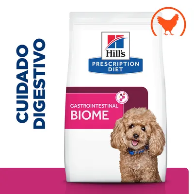Hill's Prescription Diet Gastrointestinal Biome, imagine cu un câine și simbol de pui. Text vizibil: CUIDADO DIGESTIVO (spaniolă). Hill's Prescription Diet Gastrointestinal Biome, imagine cu un câine și simbol de pui. Text vizibil: CUIDADO DIGESTIVO (spaniolă).