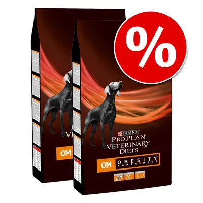 Два пакета PURINA PRO PLAN VETERINARY DIETS OM OBESITY MANAGEMENT за кучета, голям червен знак с процент за отстъпка. Видими са икони за хранене и тегло.