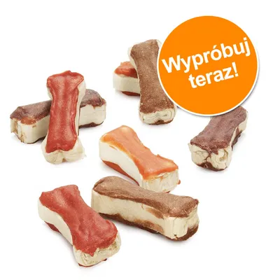 Kostki do żucia w różnych kolorach, okrągła pomarańczowa naklejka z napisem: Wypróbuj teraz!
