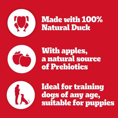 Made with 100% natural duck, contains apples as a natural source of prebiotics, ideal for training dogs of any age and suitable for puppies.
