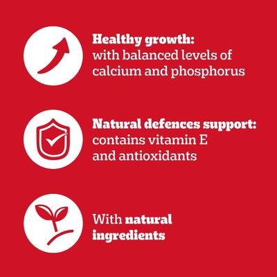 Healthy growth with balanced calcium and phosphorus, natural defences support with vitamin E and antioxidants, and made with natural ingredients.