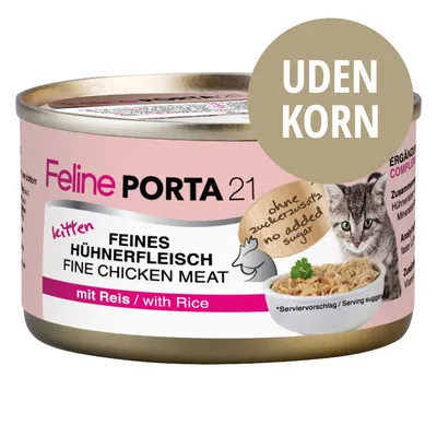 Feline Porta 21 kitten vådfoder, feines Hühnerfleisch, fine chicken meat, mit Reis, uden korn, ohne zuckerzusatz no added sugar. Billede af kat og skål med foder på dåsen.