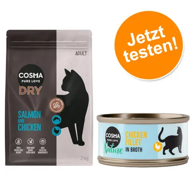 Cosma Pure Love Trockenfutter Salmon and Chicken, 2kg, und Cosma Nature Nassfutter Chicken Fillet in Broth. Jetzt testen! Hinweis auf hochwertige Zutaten und getreidefreie Rezeptur.