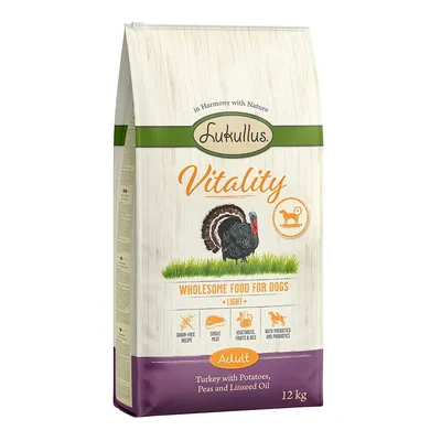 Lukullus Vitality Adult dog food, turkey with potatoes, peas and linseed oil, 12 kg. Grain-free recipe, single meat, vegetables & oils, with prebiotics and probiotics.