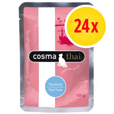 cosma thai Thunfisch Thai Tuna, 100 g, voordeelverpakking 24x. Exotisch licht. Roze en witte verpakking met katpictogram. cosma thai Thunfisch Thai Tuna, 100 g, voordeelverpakking 24x. Exotisch licht. Roze en witte verpakking met katpictogram.