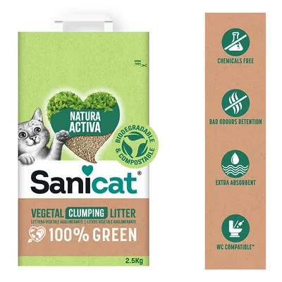 Sanicat Vegetal Clumping Litter 2,5 kg. Text: Natura Activa, Biodegradable & Compostable, 100% Green. Ikoner med text: Chemicals free, Bad odours retention, Extra absorbent, WC compatible.