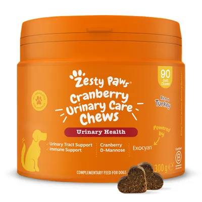 Zesty Paws Cranberry Urinary Care Chews, 90 soft chews, Urinary Health, Urinary Tract Support, Immune Support, Cranberry D-Mannose, Exocyan, Rich in Turkey, 300 g. Alimentação complementar para cães.