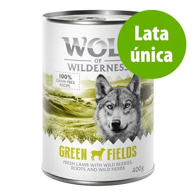 Lata única Wolf of Wilderness Green Fields, 100% grain-free recipe, cordero fresco con bayas silvestres, raíces y hierbas, 400 g.