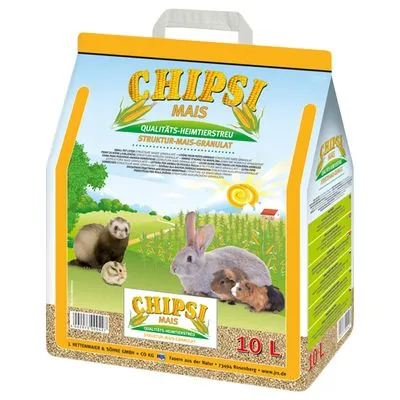 CHIPSI MAIS kwaliteits-heimtierstreu, structuur-maïs-granulaat, verpakking van 10 liter met afbeeldingen van een konijn, cavia’s en een fret. Tekst deels in het Duits.