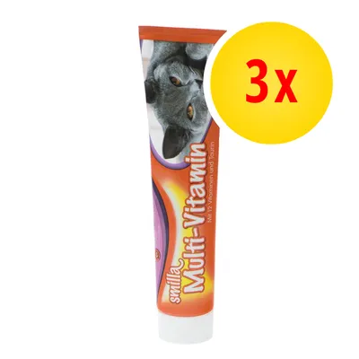 smilla Multi-Vitamin, oranssi tuubi, jossa kissan kuva. Teksti: Mit 12 Vitaminen und Taurin. Keltainen ympyrä, jossa punaisella 3x.