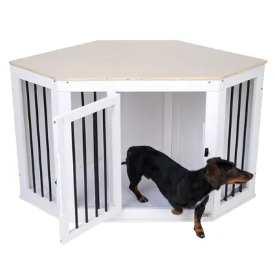 Niche hexagonale blanche en bois avec barreaux noirs, porte ouverte, chien noir à poil court sortant de la niche.