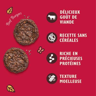 Beef Burgers, délicieux goût de viande, recette sans céréales, riche en précieuses protéines, texture moelleuse. Texte en anglais 'Beef Burgers' visible.
