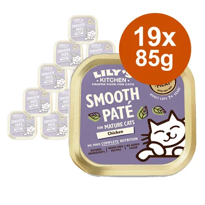 Lily's Kitchen Smooth Paté para gatos sénior, frango, 19x85g. Ingredientes naturais, sem cereais, sem adição de açúcar. Para gatos adultos a partir de 7 anos.