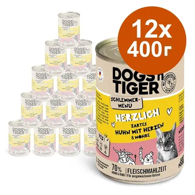 DOGS'n TIGER HERZLICH Huhn mit Herzen & Möhre, 12 консерви по 400 г. Видими текстове на немски език: SCHLEMMER-MENÜ, 70 % HUHN & RIND, FLEISCHMAHLZEIT.