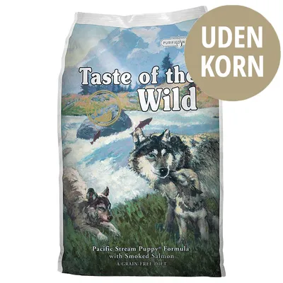 Taste of the Wild Pacific Stream Puppy Formula with Smoked Salmon, UDEN KORN, A GRAIN-FREE DIET. Billede af fodersæk med ulveillustration. Taste of the Wild Pacific Stream Puppy Formula with Smoked Salmon, UDEN KORN, A GRAIN-FREE DIET. Billede af fodersæk med ulveillustration.