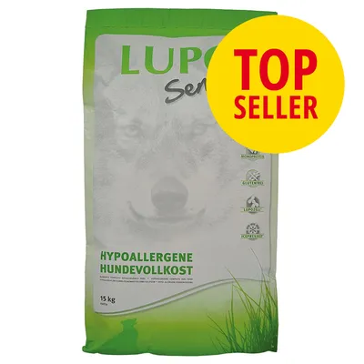 LUPOS hypoallergene hundevollkost, 15 kg pose. Synlig tekst: TOP SELLER, MONOPROTEIN, GLUTENFREI, LUPOCELL, ICEPRESSED.