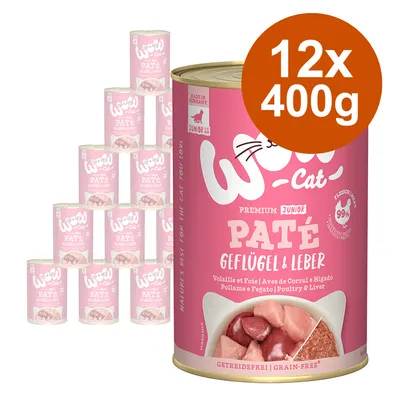 Wow Cat Premium Junior Paté Gevogelte & Lever, 12 blikken van 400g. Op het blik: Made in Germany, 99% vlees, graanvrij. Afbeelding van paté met stukjes vlees.