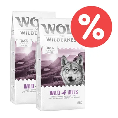 Wolf of Wilderness Wild Hills, 100% grain-free Rezept, frisches Hühnerfleisch mit Ente, Beeren, Wurzeln und Kräutern. 12kg Packung mit Rabatt-Symbol.