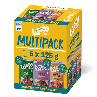 Wau Cat Multipack Paté, 6 x 125 g. Drie smaken zichtbaar: Rund, Kip & Lever, Zalm & Kalkoen. Made in Germany. Verpakking toont drie zakjes per smaak.