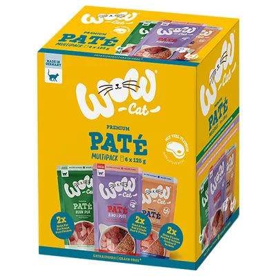 WOW Cat Premium Paté multipack, 6 x 125 g, spannmålsfri, Made in Germany. Smaker: kyckling, nötkött & kalkon, lax & forell. Hög kötthalt. Förpackningen visar produktpåsar.